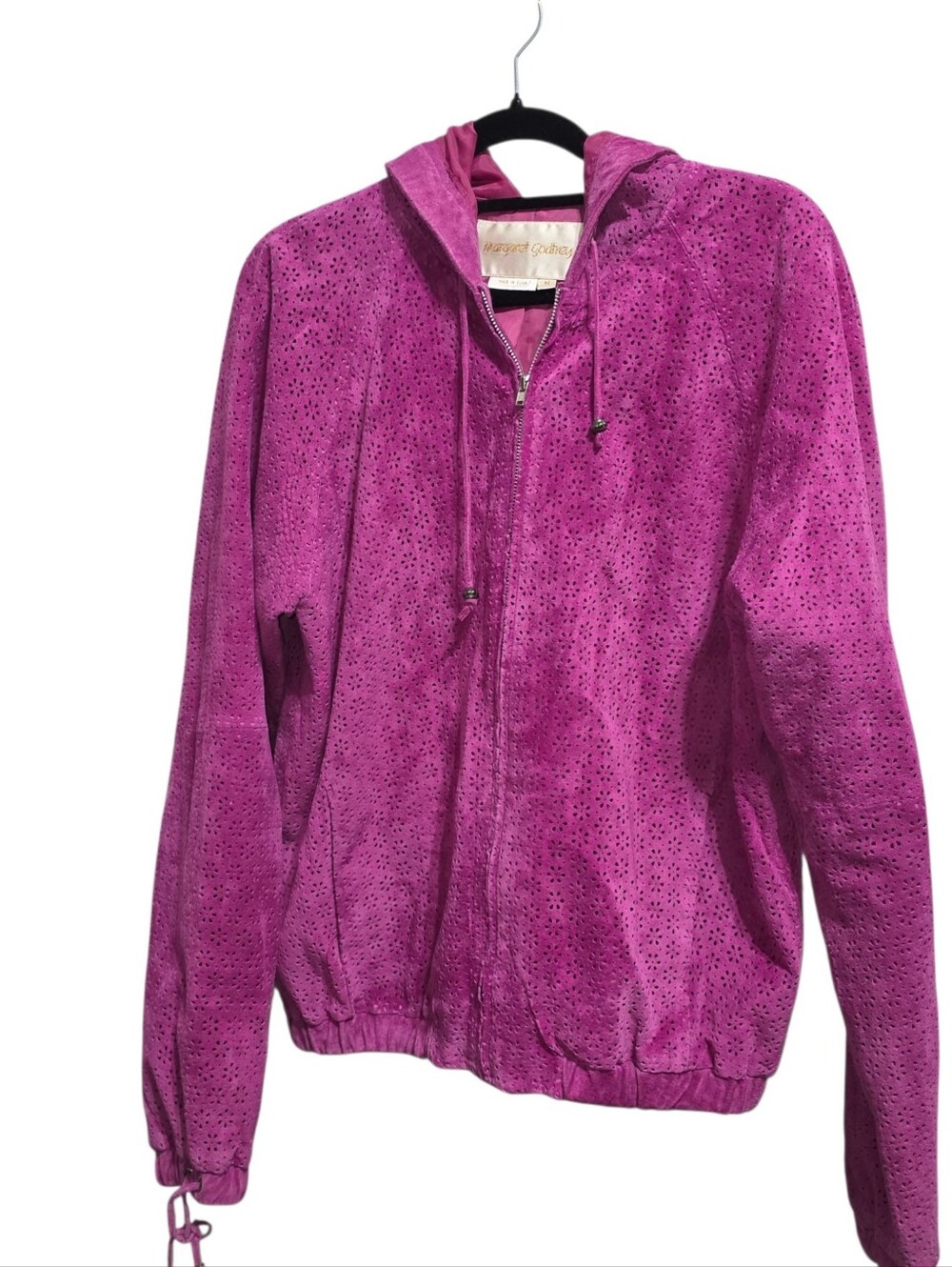 Margaret Godfrey Fuchsia Suede Hooded Jacket Laser Cut Eyelet Leather Boho Sz M